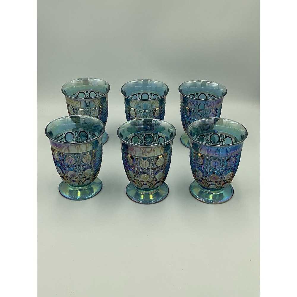Vintage Windsor button & cane iridescent blue carnival glass Tumbler/Juice Set 6